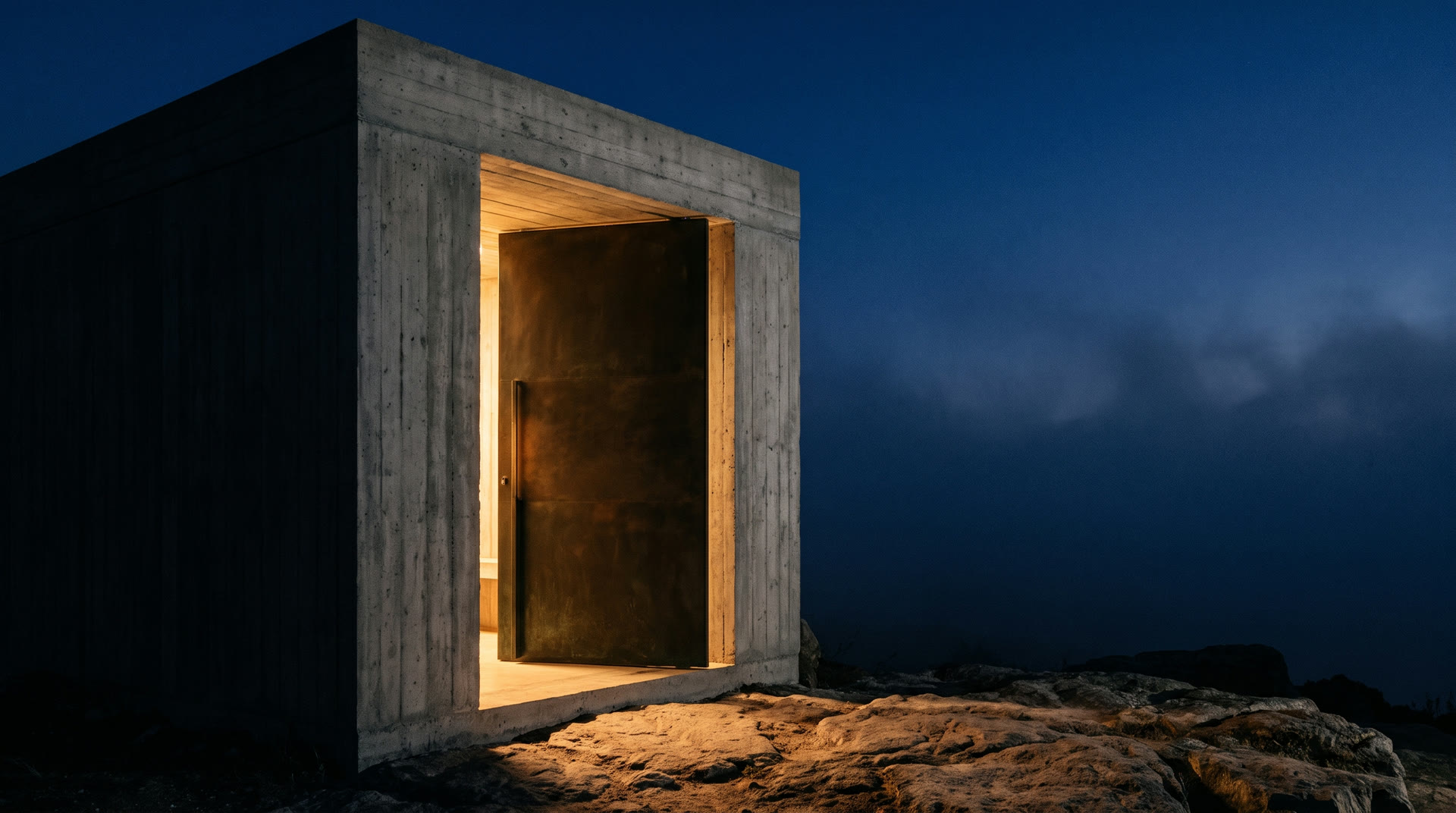 Le seuil d'ATLAS à la nuit tombée — la lumière bronze filtre par la porte