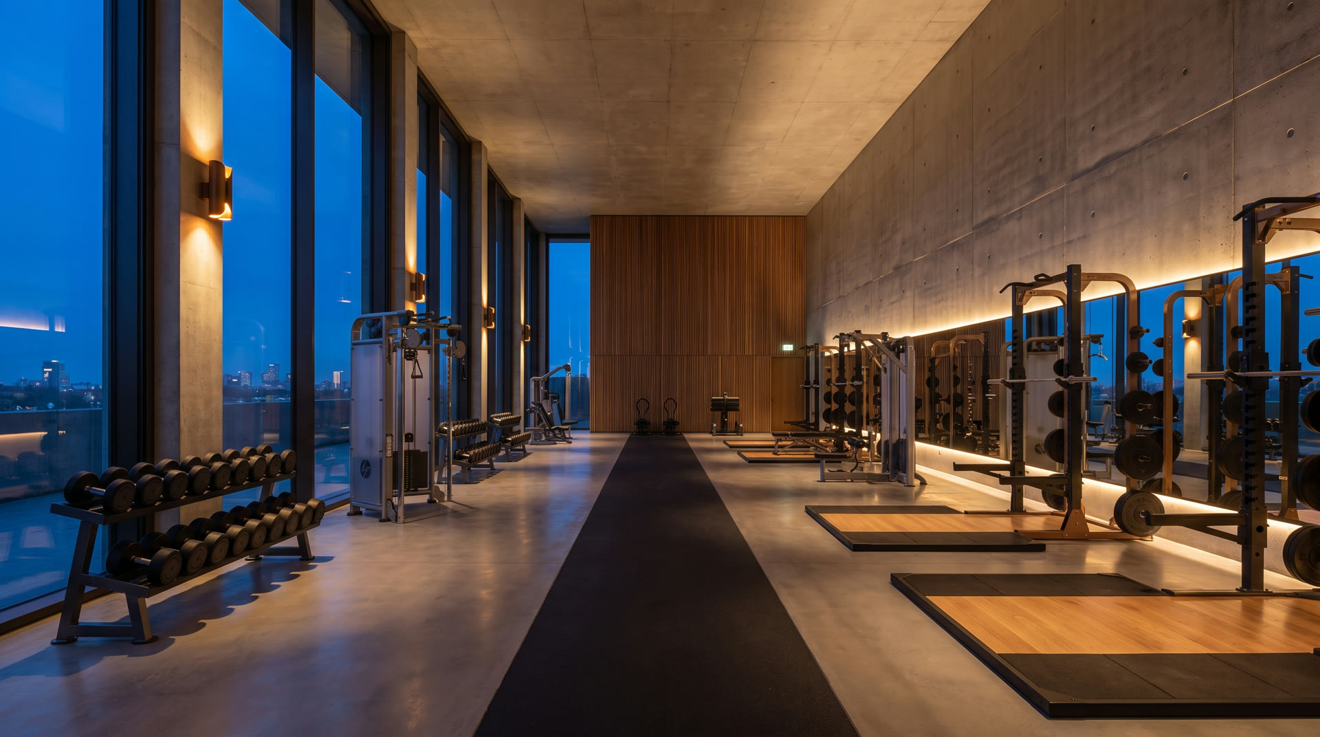 Le plateau d'entraînement d'ATLAS — fonte usinée et acier brossé sous neuf mètres de verrière, lumière bronze du soir